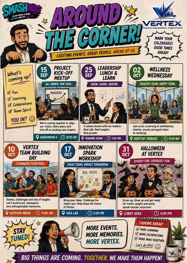Around the Corner page listing six upcoming company events with dates